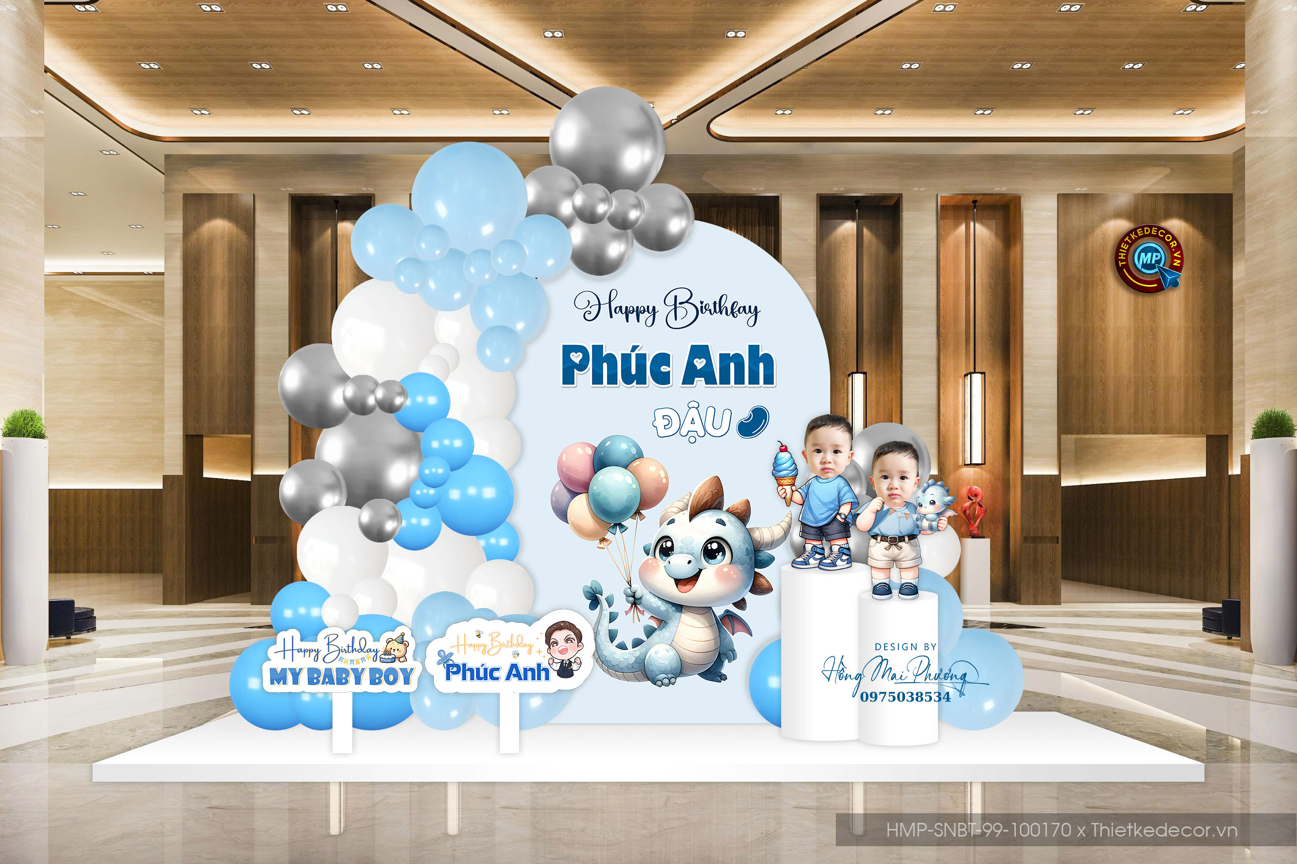 Trang trí tiệc sinh nhật. File thiết kế Backdrop sinh nhật bé trai tone xanh tuổi rồng.